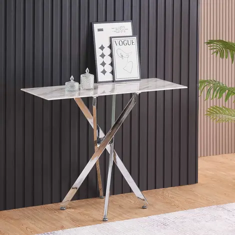 Buy Scimitar Marble Console Table – 100 cm Marble-Effect Top with Chrome Legs from Furnituretta