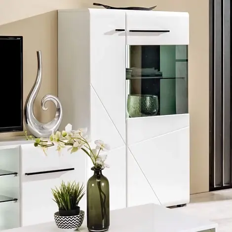 Buy Widnes Short Display Cabinet – White Gloss with 2 Doors & 6 Shelves from Furnituretta
