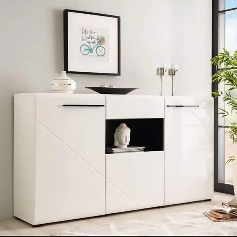 Buy Widnes Tall Sideboard Cabinet – Gloss White Front with Black Accents from Furnituretta