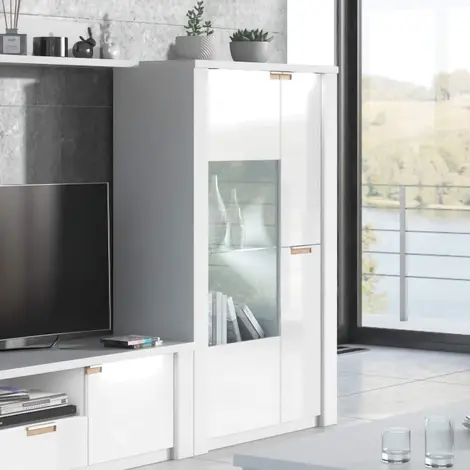 Buy Rye White High Gloss Wide Display Unit – 3 Doors, Glass Shelf & LED Lights from Furnituretta
