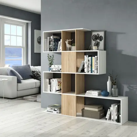 Buy Walsall Bookcase – White and Oak Effect Gloss Finish with Wide Shelving from Furnituretta