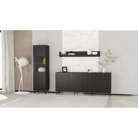 Ascot Tall Display Cabinet Vertical Grooved Lines Matte Black, 4 for sale Buy Ascot Tall Display Cabinet Vertical Grooved Lines Matte Black, 4 from Furnituretta