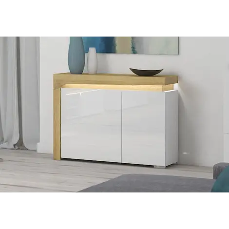 Buy Banff 2 Door Small Sideboard Cabinet with Lights Oak Effect and White Gloss from Furnituretta