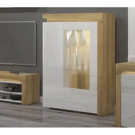 Buy Banff Oak Effect and White Gloss Low Wide Display Cabinet with LED Lights from Furnituretta