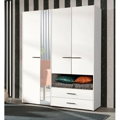 Buy Kinross Modern 4 Door Wardrobe – White with Mirror, Drawers & Open Shelf, Colour: White from Furnituretta