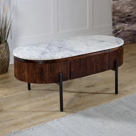 Buy Opal Rectangular Fluted Coffee Table: Mango Wood, Marble & Metal from Furnituretta