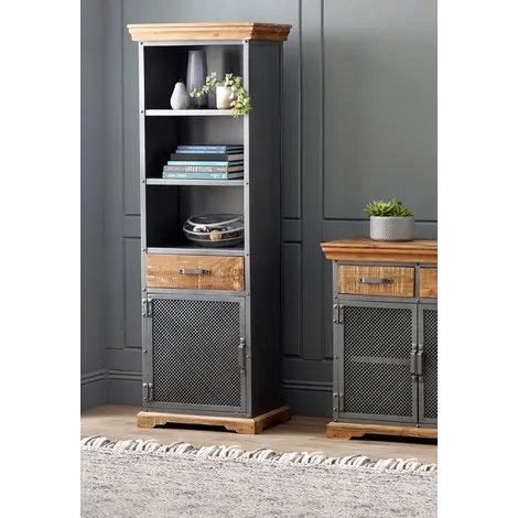 Buy Metropolis Industrial Narrow Bookcase – Handcrafted Urban Storage with Distressed Wood & Metallic Accents from Furnituretta