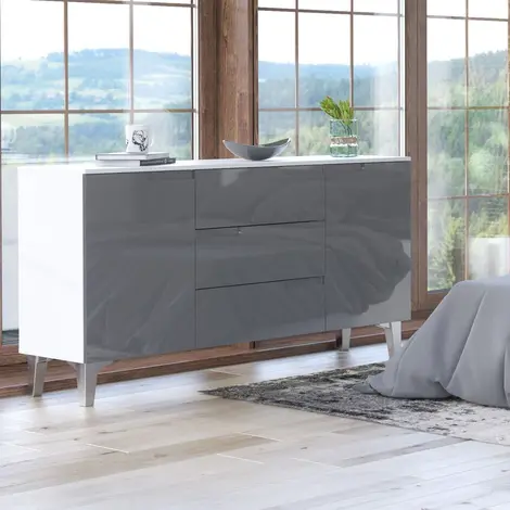 Buy Malton Wide Sideboard Cabinet 2 Door 3 Drawer Grey High Gloss and White from Furnituretta