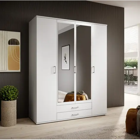 Buy Karl Hinged Door Wardrobe White – 160 cm Wide with Mirrors & Storage, Colour: White, Width: 160 from Furnituretta