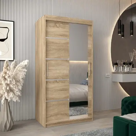 Buy Verona 02 Sliding Door Wardrobe Oak Sonoma 100cm, Colour: Oak Sonoma, Width: 100 from Furnituretta