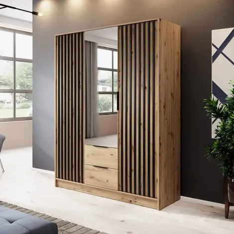 Buy Nelly Hinged Door Mirror Wardrobe Oak Artisan 155cm, Colour: Oak Artisan, Width: 155 from Furnituretta