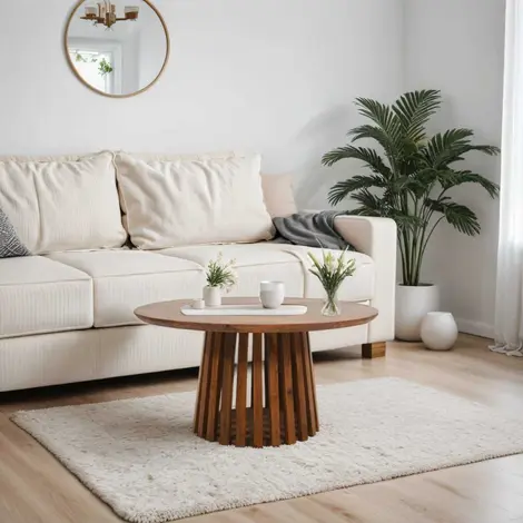 Buy Slatted Mango Wood Round Coffee Table from Furnituretta