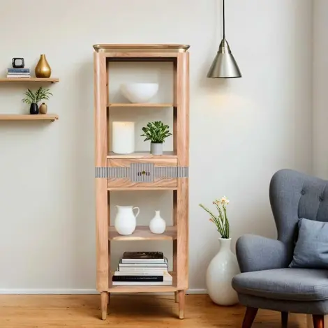 Buy Wilton Open Bookcase: Acacia Wood with 1 Drawer from Furnituretta