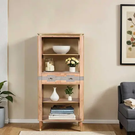Buy Wilton Open Bookcase: Acacia Wood with 2 Drawers from Furnituretta